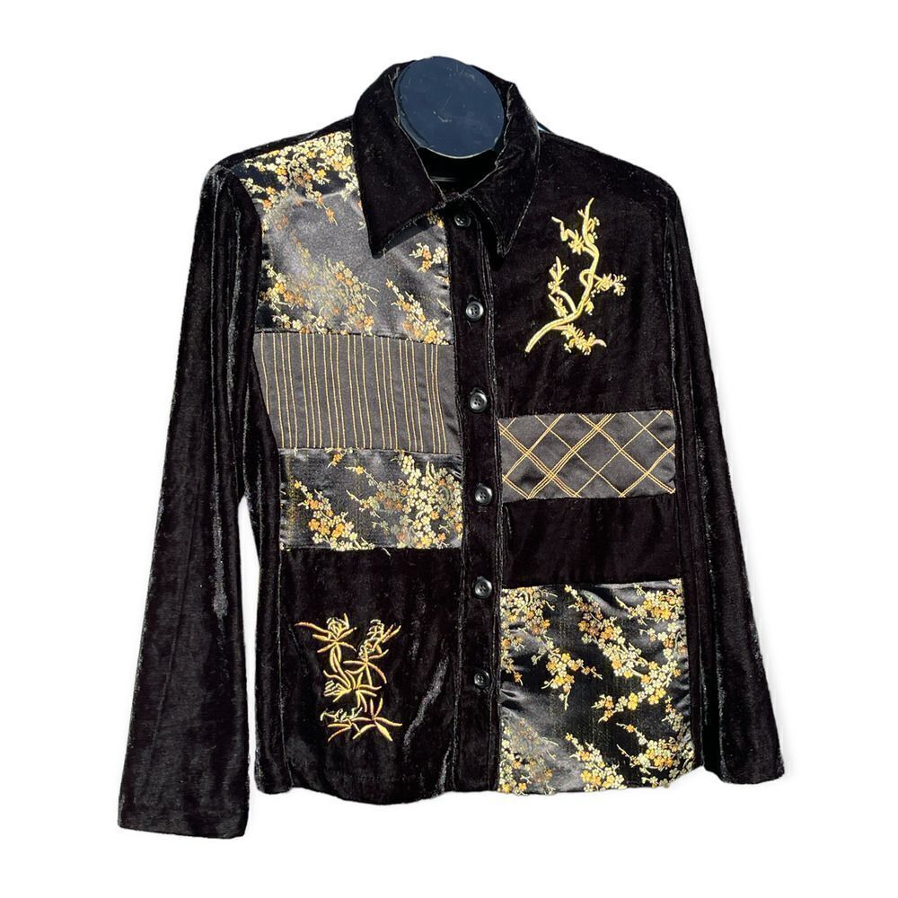 Robert Louis Black Gold Button Down Blouse Size M